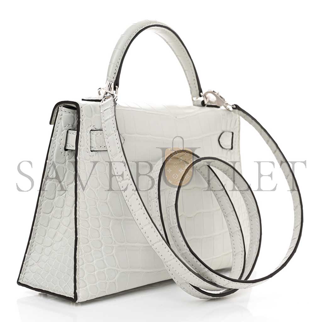 HERMÈS MASTER MATTE ALLIGATOR MINI KELLY II SELLIER GRIS NEVE (19*12*5.5cm)